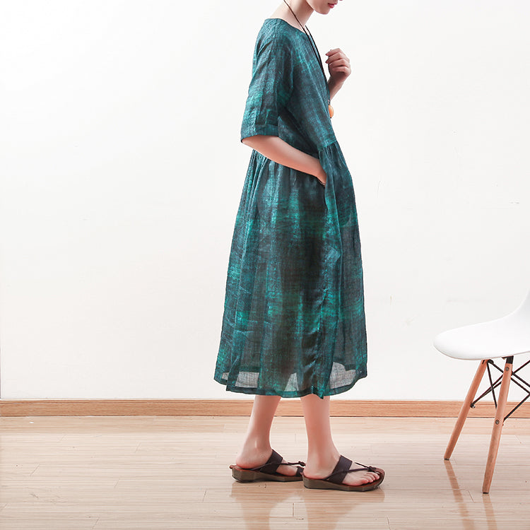 fine green natural linen dress plus size o neck linen maxi dress Elegant short sleeve gown