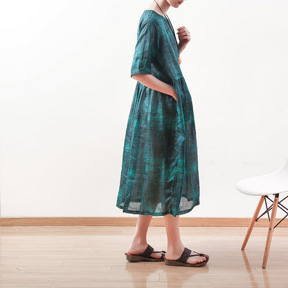 fine green natural linen dress plus size o neck linen maxi dress Elegant short sleeve gown