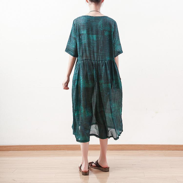 fine green natural linen dress plus size o neck linen maxi dress Elegant short sleeve gown