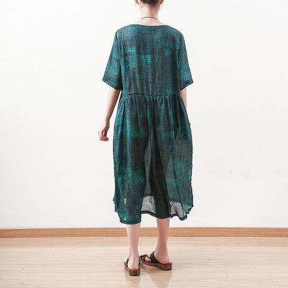 fine green natural linen dress plus size o neck linen maxi dress Elegant short sleeve gown