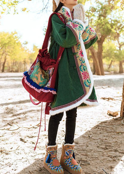 fine green winter outwear plus size Jackets & Coats embroidery Chinese Button coats - SooLinen