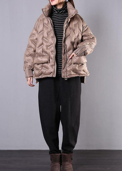 fine khaki coat oversized Jackets & Coats stand collar zippered outwear - SooLinen