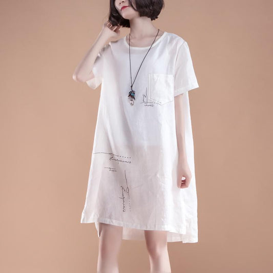 fine linen cotton dress oversize High-low Hem Summer Short Sleeve Pockets slit White Dress
