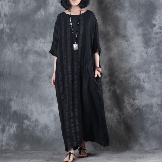 cotton blend dress trendy plus size Retro Loose Round Neck 12 Sleeve Black Dress