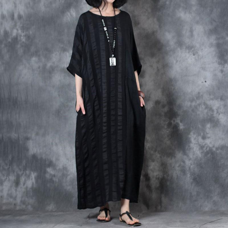 cotton blend dress trendy plus size Retro Loose Round Neck 12 Sleeve Black Dress
