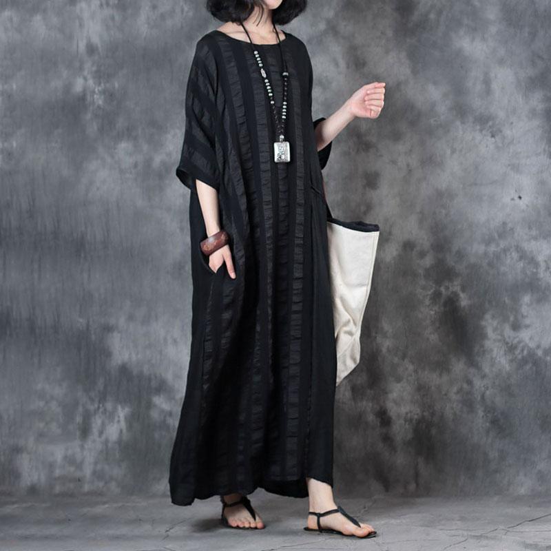 cotton blend dress trendy plus size Retro Loose Round Neck 12 Sleeve Black Dress