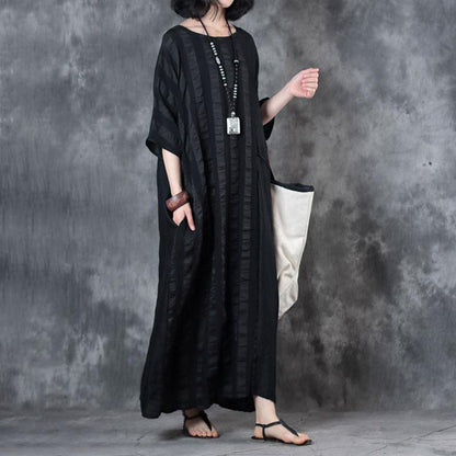 cotton blend dress trendy plus size Retro Loose Round Neck 12 Sleeve Black Dress