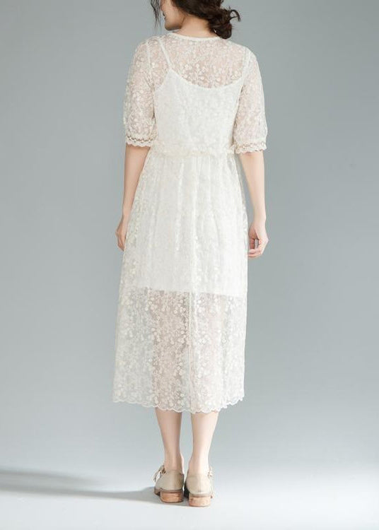 fine long cotton dress oversize lace Lacing Two Pieces Set 12 Sleeve Pleated Dress