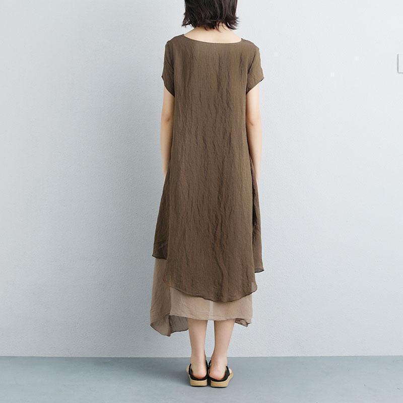fine long cotton dresses plus size False Two-piece Short Sleeve Chocolate Plain Dress