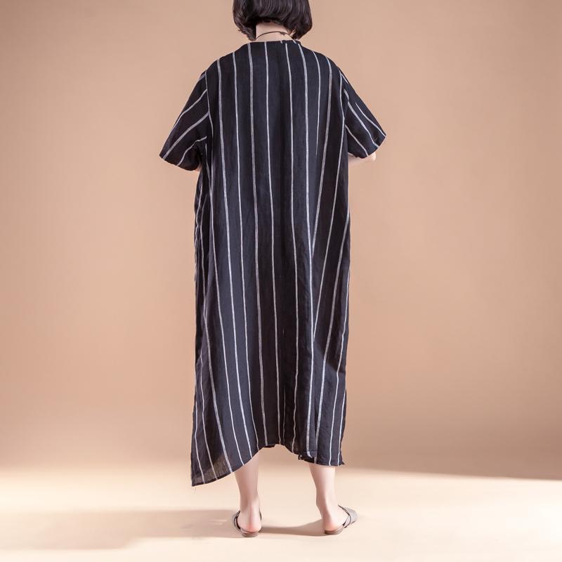 fine natural linen dress trendy plus size Short Sleeve Slit Summer Round Neck Stripe Black Dress
