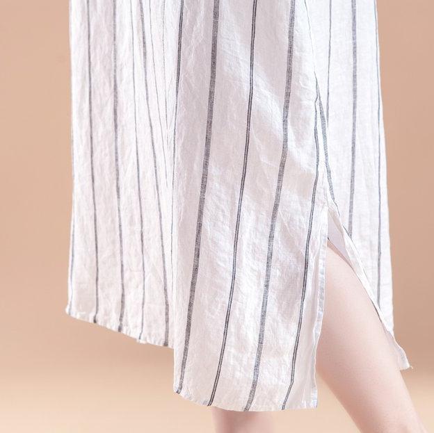fine natural linen dress trendy plus size Short Sleeve Slit Summer Round Neck Stripe Black Dress