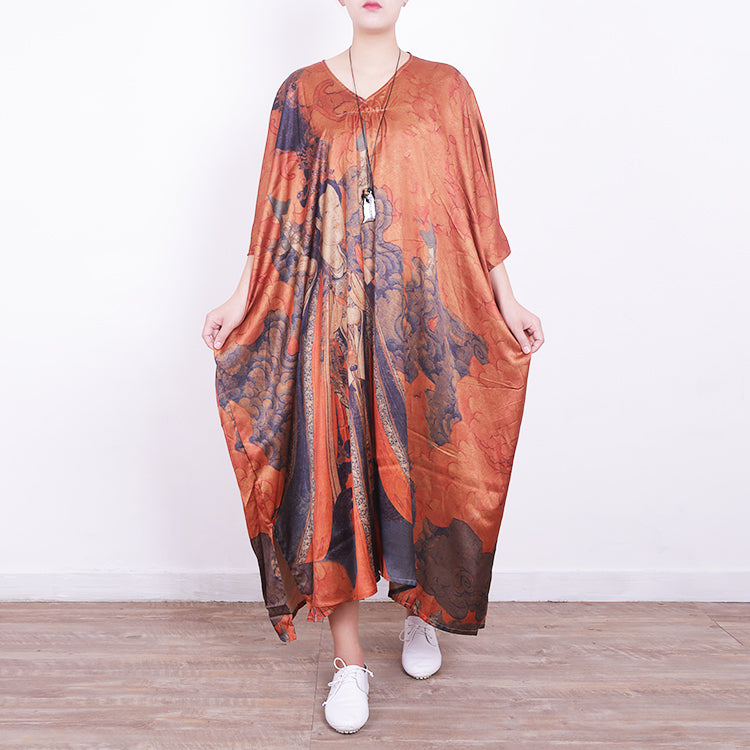 fine orange Midi-length silk dress plus size casual dress 2018v neck prints silk dresses