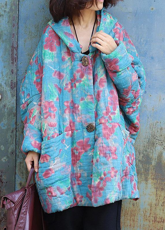 fine oversized down jacket hooded winter outwear blue prints winter casual outfit - SooLinen