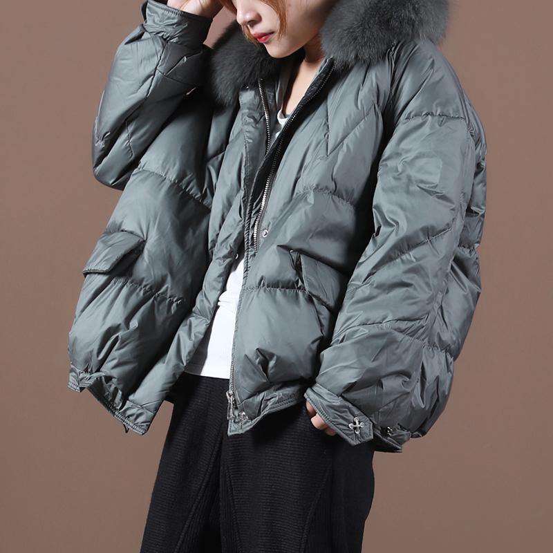 plus size down coats blackish green fur collar zippered hooded down jacket woman - SooLinen