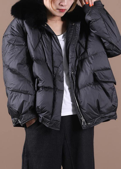 plus size down coats blackish green fur collar zippered hooded down jacket woman - SooLinen