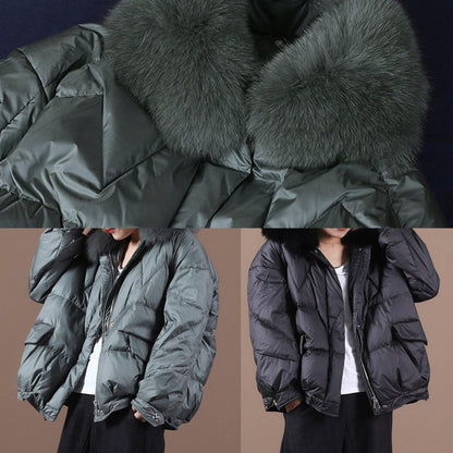 plus size down coats blackish green fur collar zippered hooded down jacket woman - SooLinen