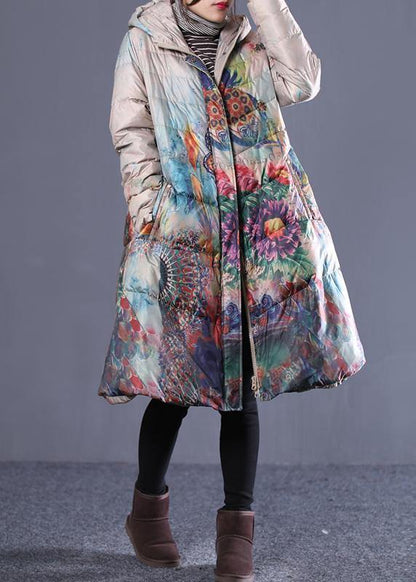 fine plus size down jacket coats khaki print hooded zippered duck down coat - SooLinen