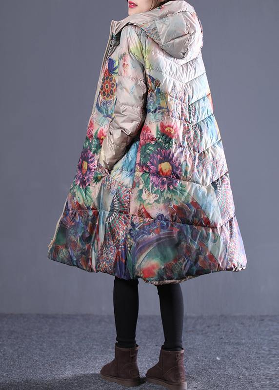 fine plus size down jacket coats khaki print hooded zippered duck down coat - SooLinen