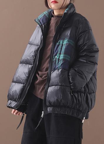fine plus size down jacket patchwork plaid coats black winter side zippered warm winter coat - SooLinen