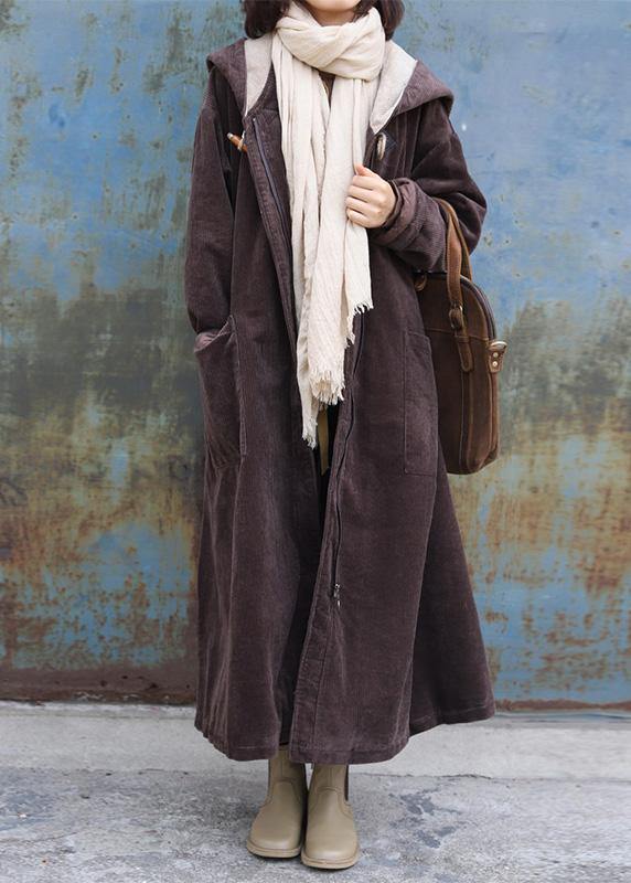 fine plus size warm winter coat zippered outwear chocolate hooded coat - SooLinen