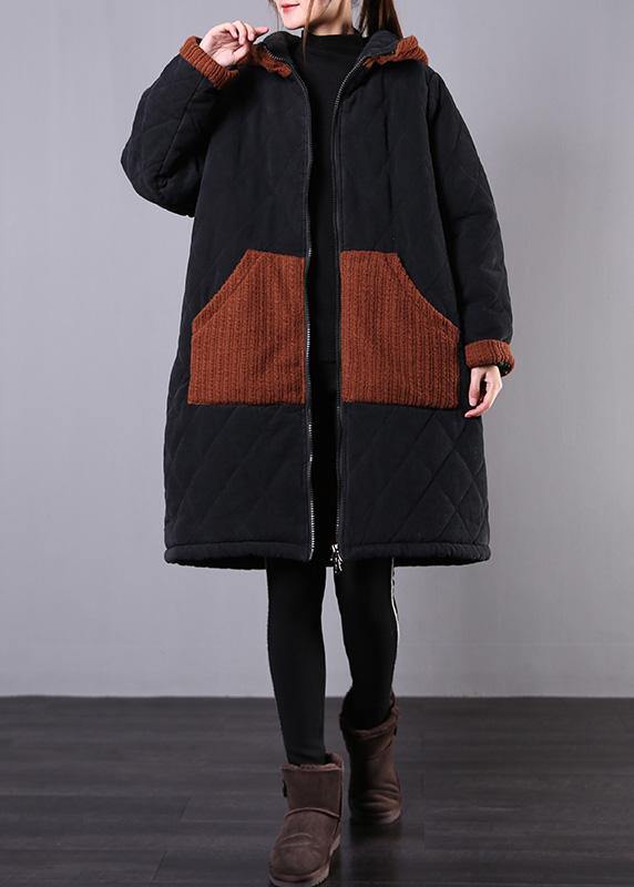fine plus size winter coats black hooded zippered winter parkas - SooLinen