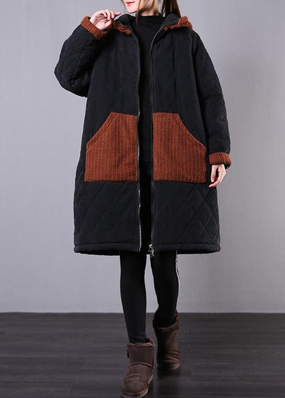 fine plus size winter coats black hooded zippered winter parkas - SooLinen