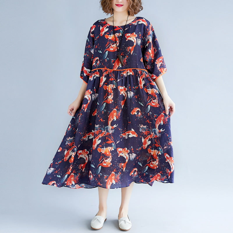 fine print holiday dress o neck long dress Extra large hem holiday dress