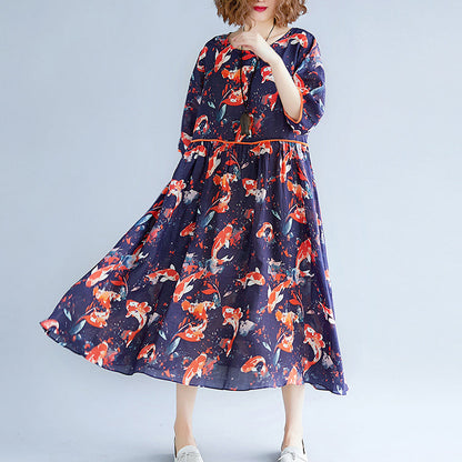 fine print holiday dress o neck long dress Extra large hem holiday dress