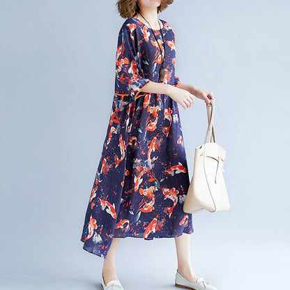 fine print holiday dress o neck long dress Extra large hem holiday dress