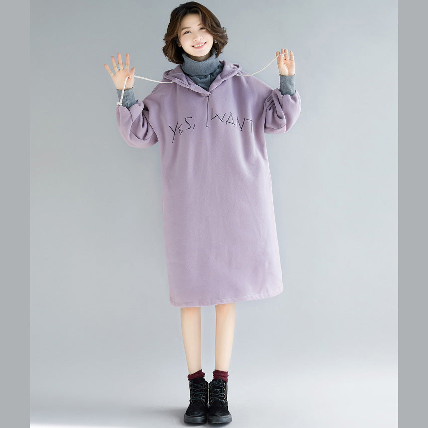 fine purple long sleeve cotton dress plus size false two pieces spring dress hooded dresses