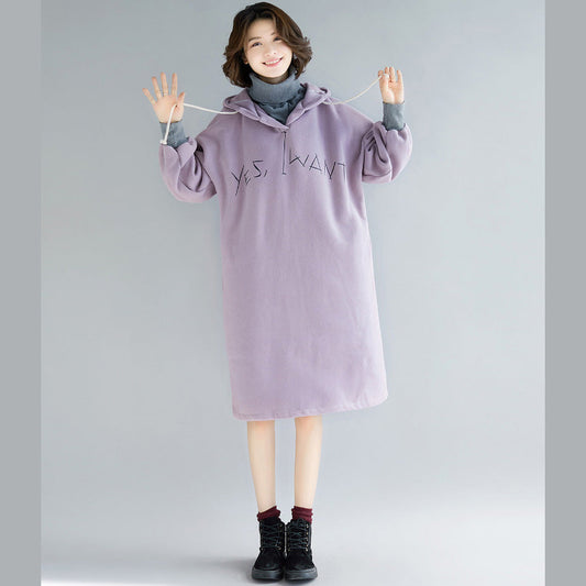 fine purple long sleeve cotton dress plus size false two pieces spring dress hooded dresses