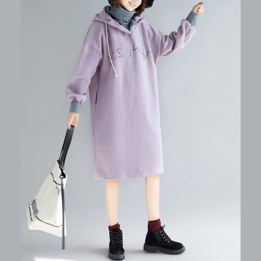 fine purple long sleeve cotton dress plus size false two pieces spring dress hooded dresses