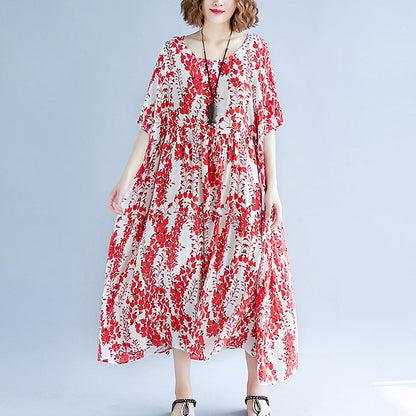fine red cotton linen dress trendy plus size short sleeve print baggy dresses cotton gown 2018 v neck traveling clothing