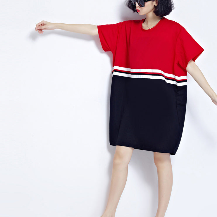 fine red patchwork cotton shift dresses plus size holiday dresses fine loose waist short sleeve natural cotton dress