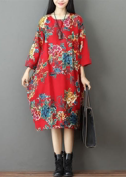 fine red prints Midi-length linen dress trendy plus size holiday o neck linen cotton dress
