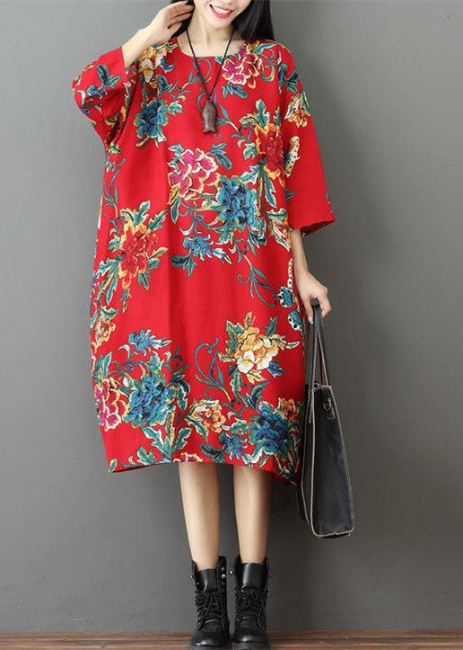 fine red prints Midi-length linen dress trendy plus size holiday o neck linen cotton dress