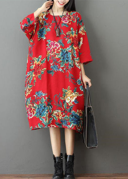 fine red prints Midi-length linen dress trendy plus size holiday o neck linen cotton dress