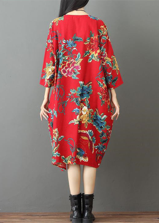 fine red prints Midi-length linen dress trendy plus size holiday o neck linen cotton dress