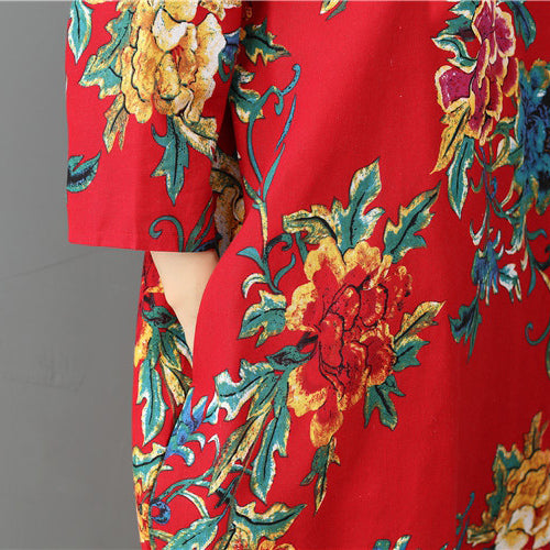 fine red prints Midi-length linen dress trendy plus size holiday o neck linen cotton dress