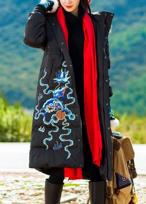 fine trendy plus size snow jackets embroidery overcoat black hooded duck down coat - SooLinen
