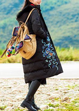 fine trendy plus size snow jackets embroidery overcoat black hooded duck down coat - SooLinen