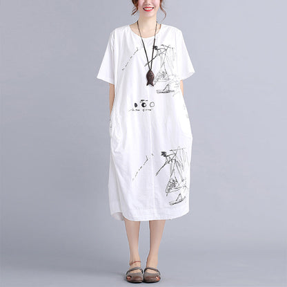 fine white cotton dress plus size traveling dress vintage o neck prints natural cotton dress