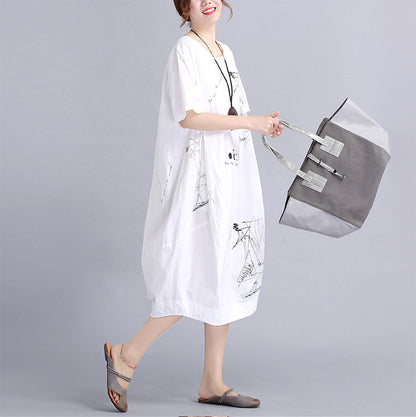 fine white cotton dress plus size traveling dress vintage o neck prints natural cotton dress