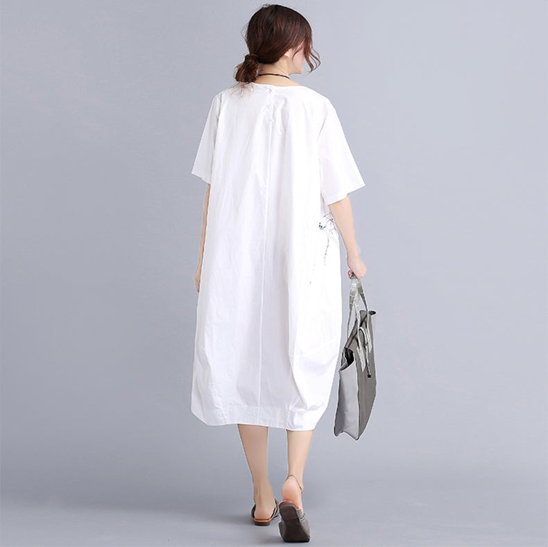 fine white cotton dress plus size traveling dress vintage o neck prints natural cotton dress