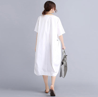 fine white cotton dress plus size traveling dress vintage o neck prints natural cotton dress