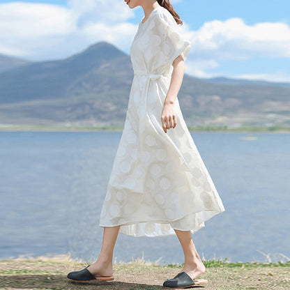 fine white linen maxi dress plus size O neck dotted gown fine short sleeve tie waist dresses