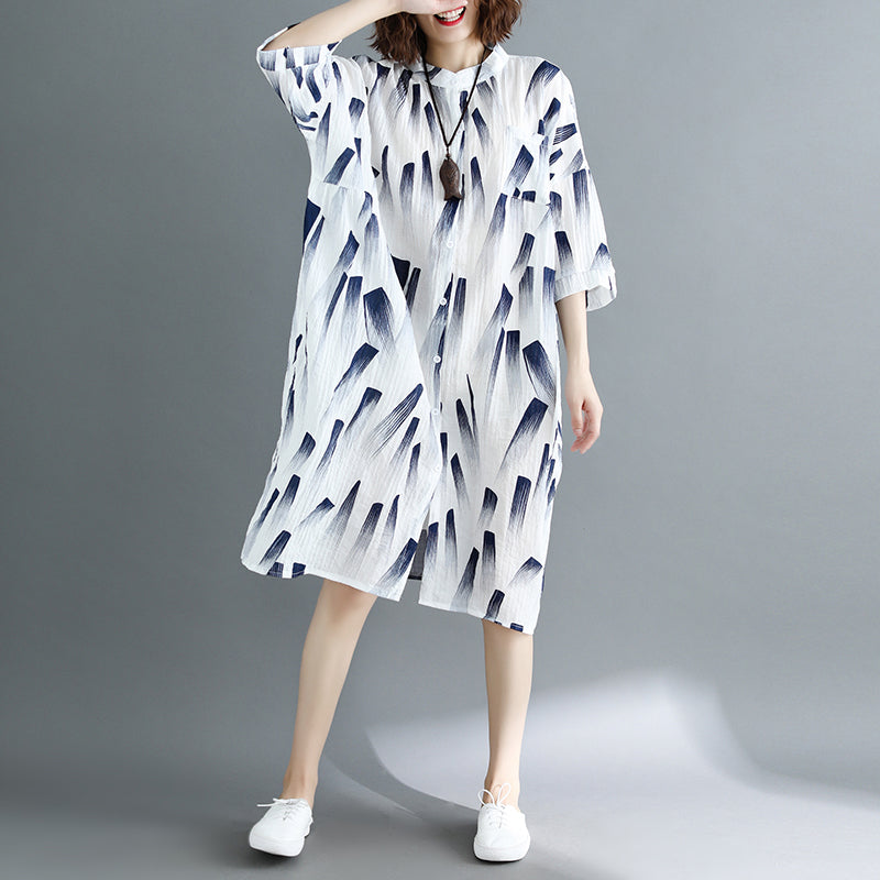 fine white print natural cotton linen dress oversized maxi dress fine half sleeve O neck Stand cotton clothing