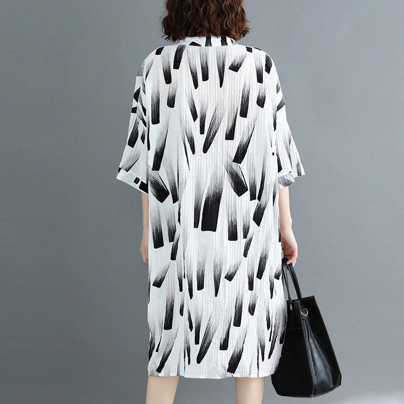 fine white print natural cotton linen dress oversized maxi dress fine half sleeve O neck Stand cotton clothing