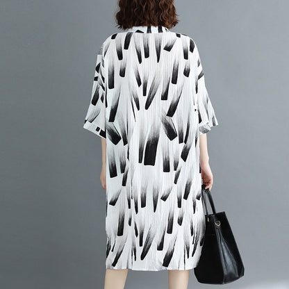 fine white print natural cotton linen dress oversized maxi dress fine half sleeve O neck Stand cotton clothing