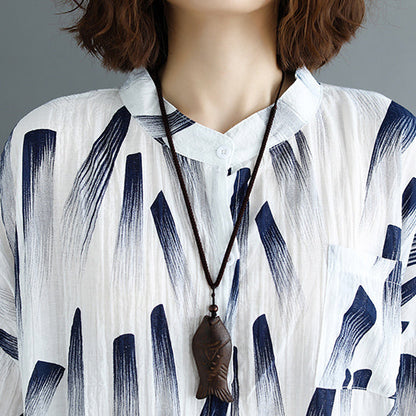 fine white print natural cotton linen dress oversized maxi dress fine half sleeve O neck Stand cotton clothing